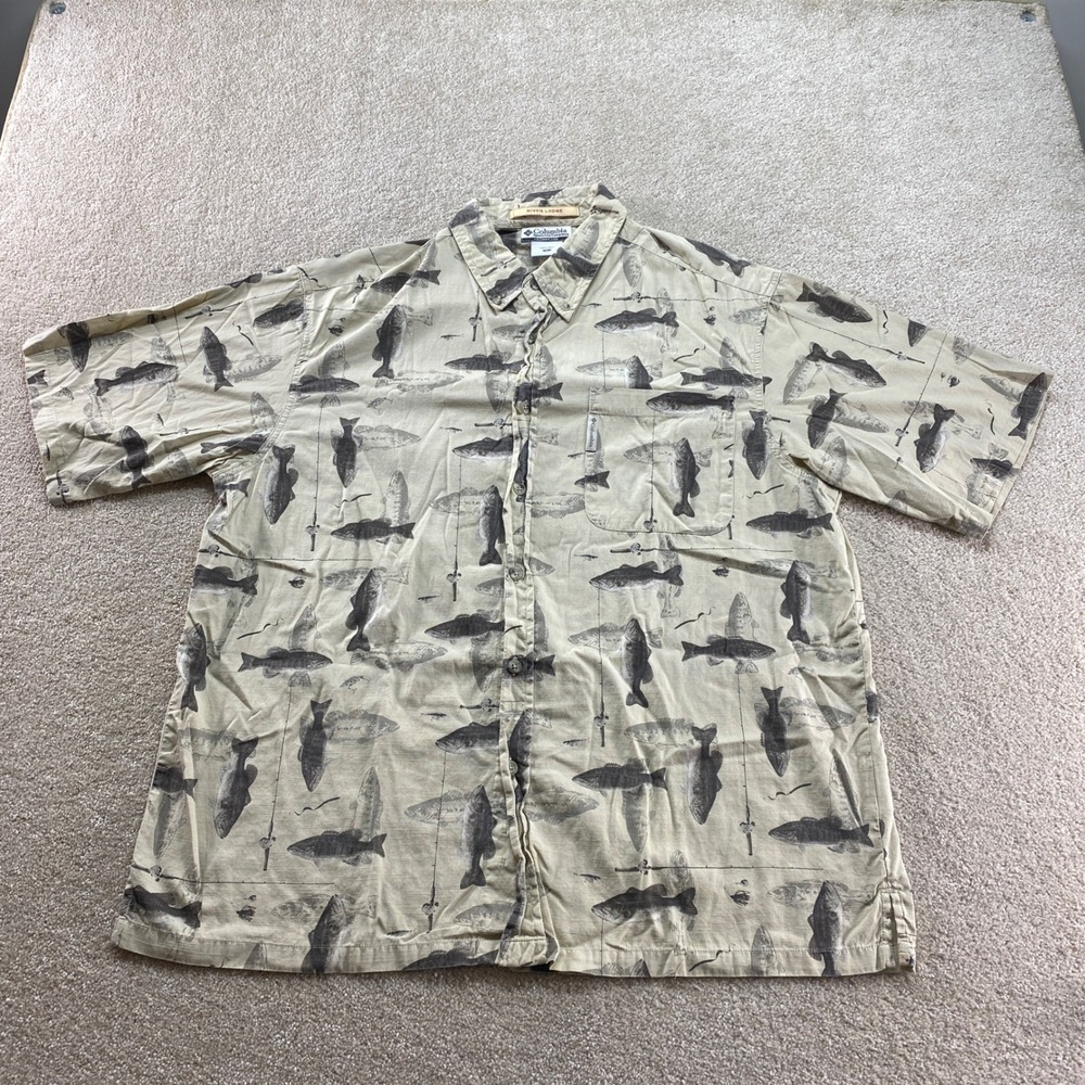 Columbia River Lodge Fishing Shirt Mens XL Tan Bass Print Ripstop Short Sleeve